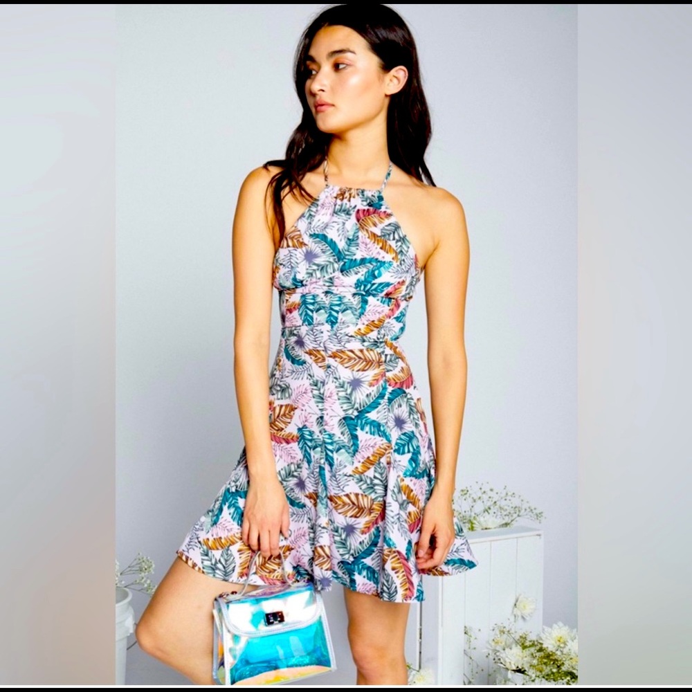 EGGIE | Urban Outfitters lilac pink palm leaf halter fit and flare mini dress